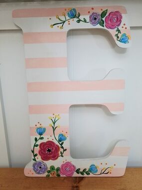 Hand-Painted Wooden Letter E with Pink Stripes & Floral Accents